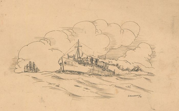C.A. Hannaford - 1834 Pen and Ink Drawing, Ship at Full Sail