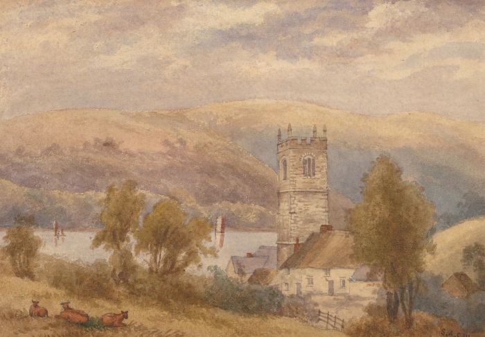 S.A.C.W. - 1850 Watercolour, Landscape with Cattle and Church