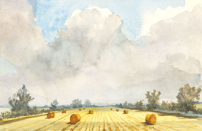 James Frank Adams (1923-2008) - Watercolour, Hay Bales in a Landscape