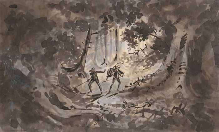 Charles William Cole - Late 19th Century India Ink, Sword Fighting in a Forest