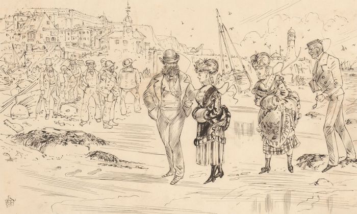 Charles William Cole - 19th Century Pen and Ink Drawing, Seaside Society Scene