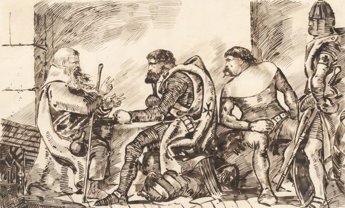 Charles William Cole - 19th Century Pen and Ink Drawing, Knights in an Interior