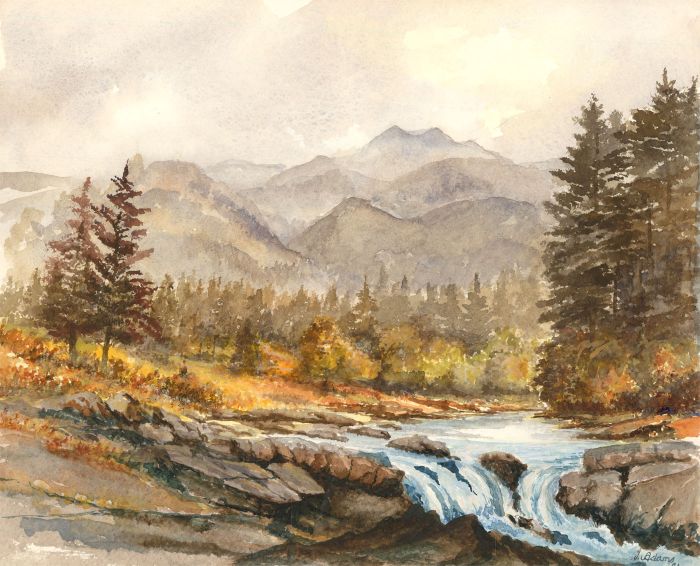 James Frank Adams (1923-2008) - Signed 1991 Watercolour, Alpine River Landscape