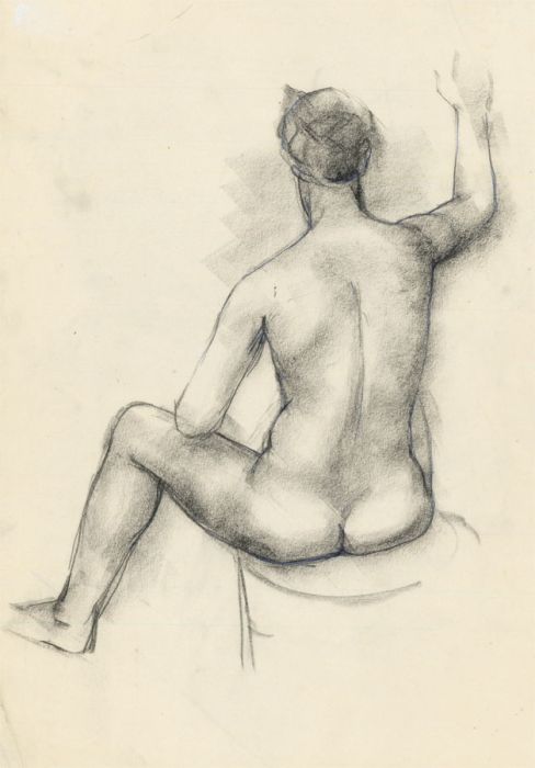Peter Collins ARCA - c.1970s Charcoal Drawing, Back View of Female Nude