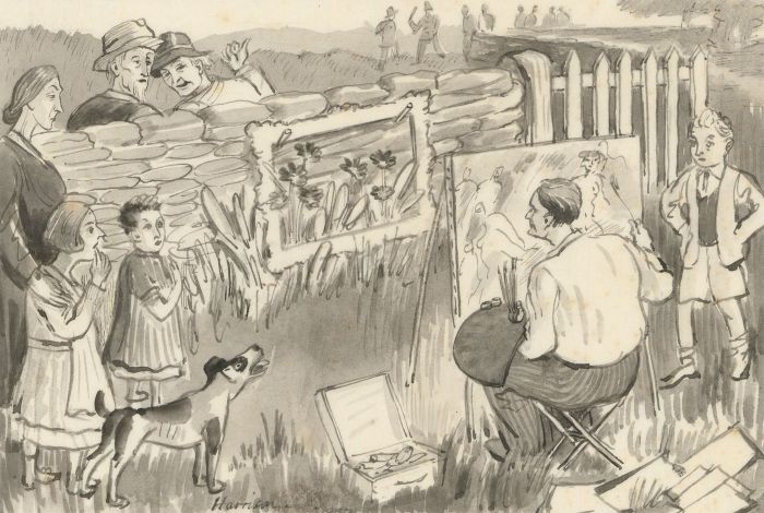 Harrison - 1937 Pen and Ink Drawing, Artist Painting en Plein Air