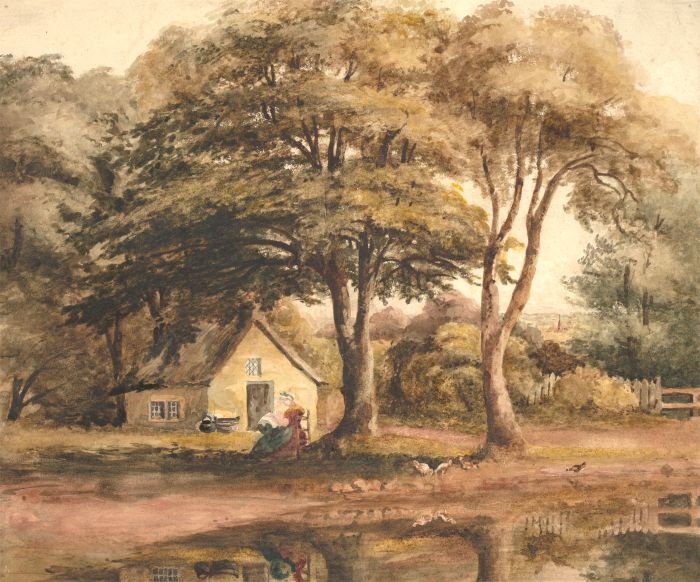 English School 19th Century Watercolour - Landscape with Figure by a Cottage