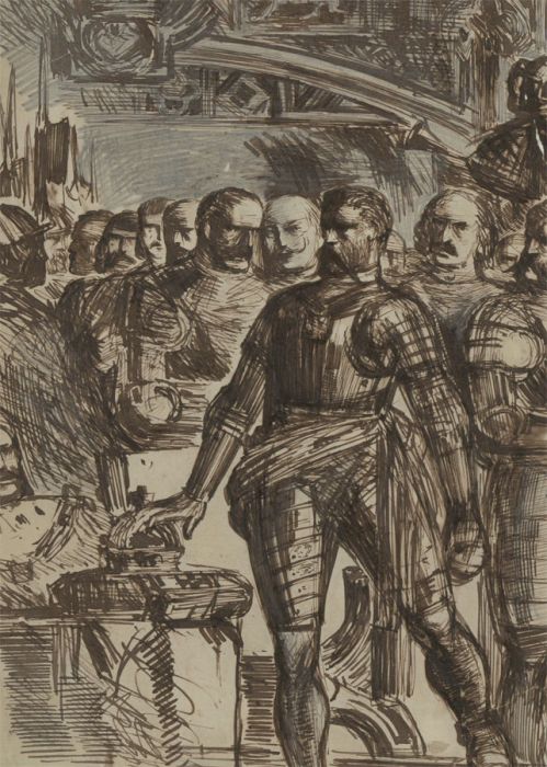 Charles William Cole - Late 19th Century Pen and Ink Drawing, Armoured Figures
