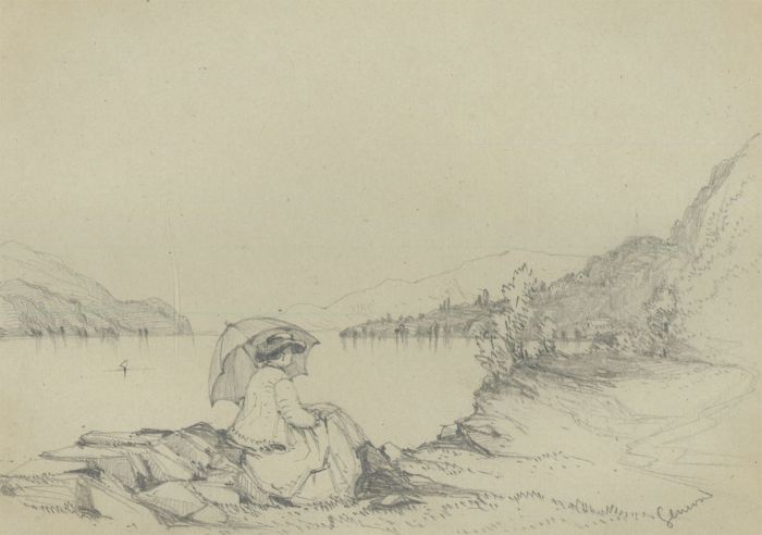 William Waterhouse - Mid 19th Century Graphite Drawing, Lady on Lake Geneva