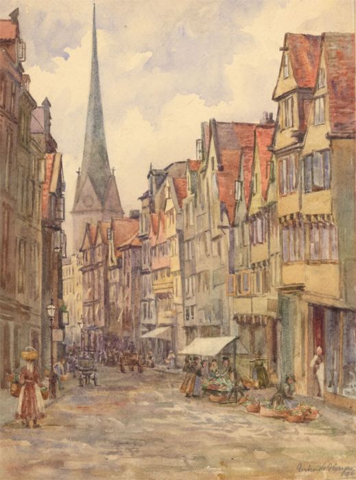Gertrude Ellen Hayes (b. 1872) - Signed 1896 Watercolour, Hamburg Street Scene