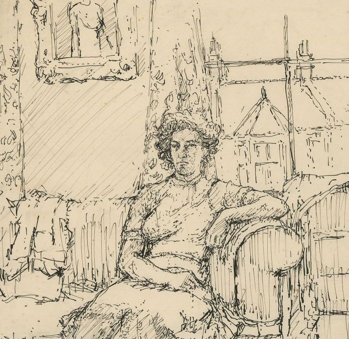 Peter Collins ARCA - c.1970s Pen and Ink Drawing, Woman in an Interior