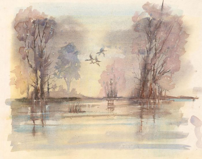 Robert Shuck - Contemporary India Ink, River Landscape with Birds