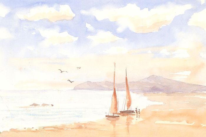 Robert Shuck - Contemporary India Ink, Figures and Boats on a Beach