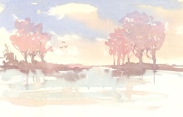 Robert Shuck - Contemporary India Ink, Coastal View with Trees