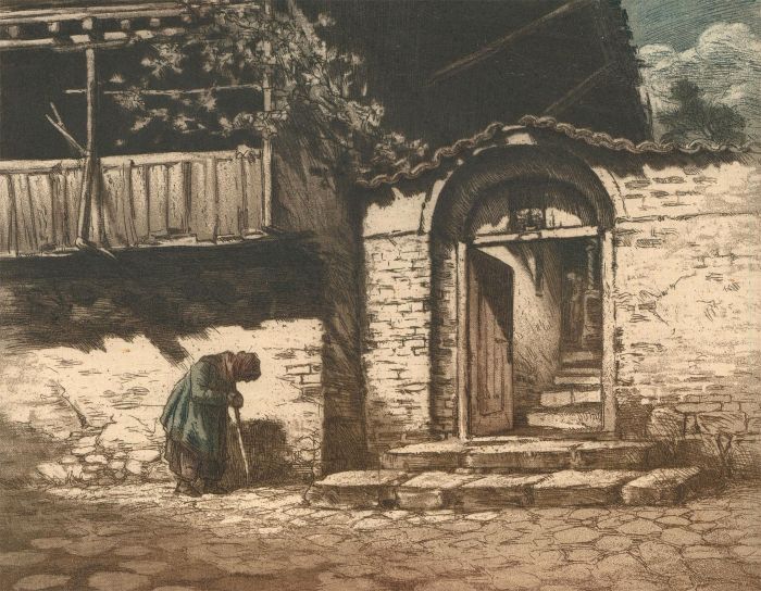 French School Early 20th Century Etching - Figure at Veille Eglise, France