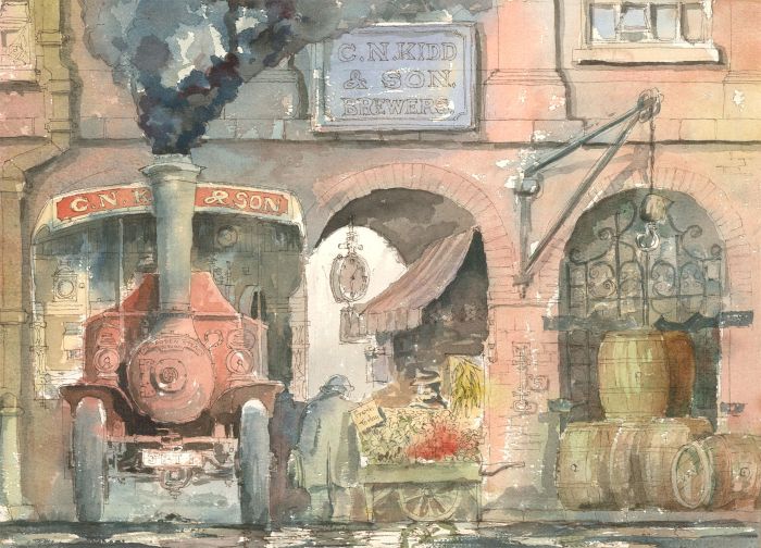 John Thorne - 1985 Pen and Ink Drawing, Street Scene with Brewery