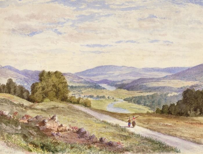H.H.J - Signed English School 1885 Watercolour, Figures in a Landscape
