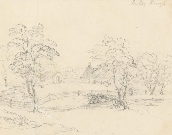 M.E. Bladeen - circa 1835 Graphite Drawing, Landscape with Camp