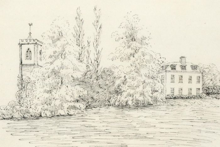 M.E. Bladeen - 1889 Pen and Ink Drawing, Cottage and Church in a Landscape