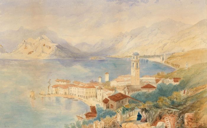 19th Century Watercolour - Ladies Resting in an Italian Coastal Landscape