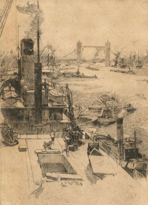Stanley Charles Rowles (b. 1887) - Signed Etching, Ships on the Thames, London
