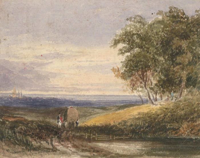 English School 19th Century Watercolour- Figures in a Landscape with Town Beyond