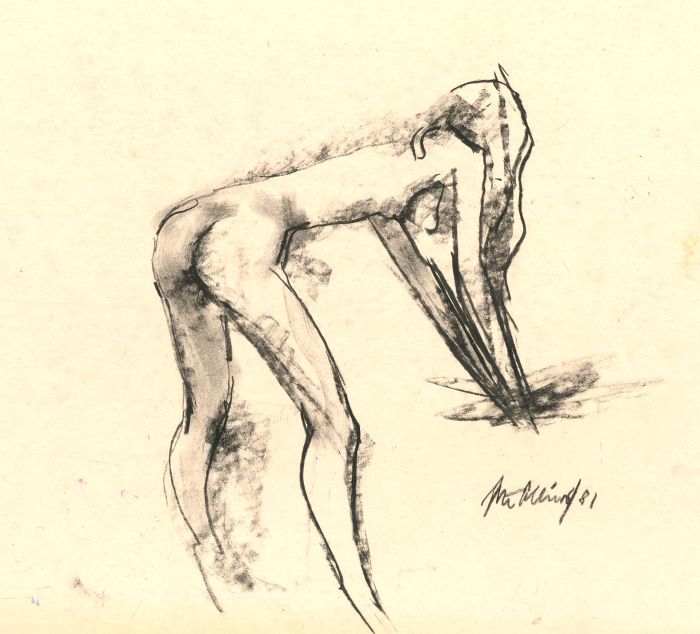 Peter Collins ARCA - Signed 1981 Charcoal Drawing, Bending Nude