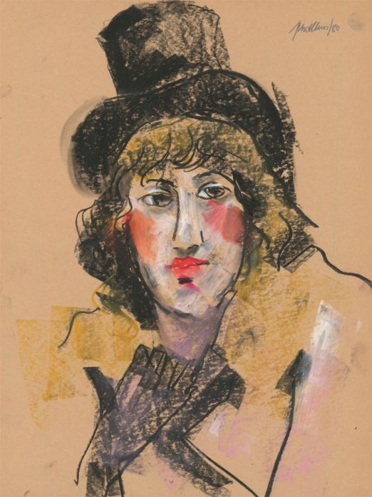 Peter Collins ARCA - Signed 1980 Pastel, Portrait of a Woman in a Top hat