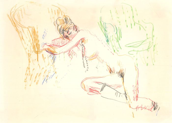 Peter Collins ARCA - c.1970s Coloured Pencil, Female Nude Leaning on Chair