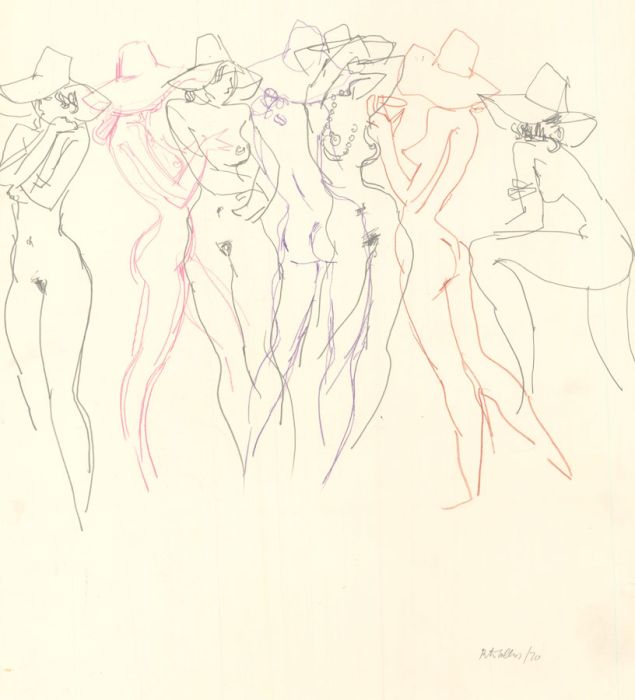 Peter Collins ARCA - Signed 1970 Coloured Pencil, Studies of Nude Wearing a Hat