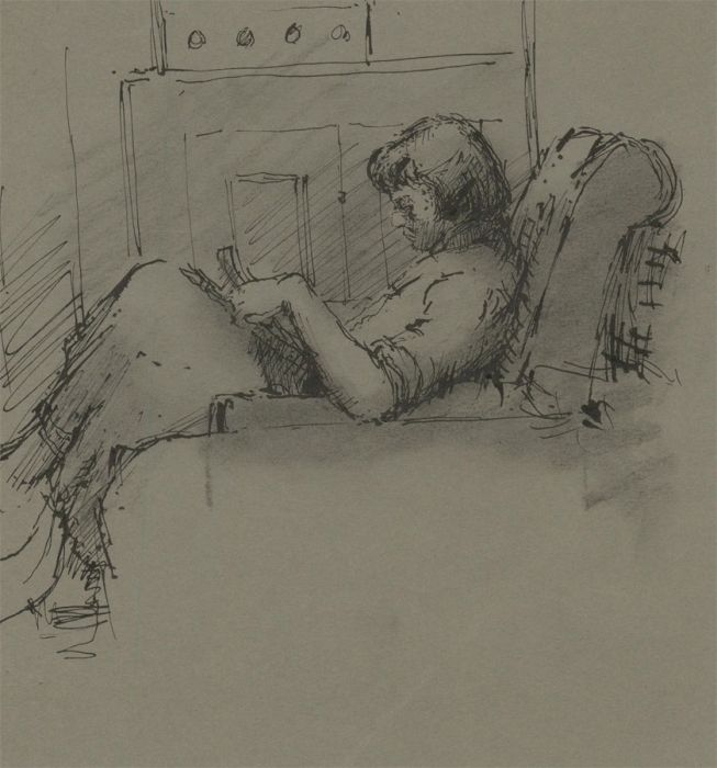 Peter Collins ARCA - c.1970s India Ink, Portrait of a Woman Reading