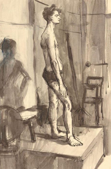 Peter Collins ARCA - c.1970s India Ink, Nude in the Artist's Studio