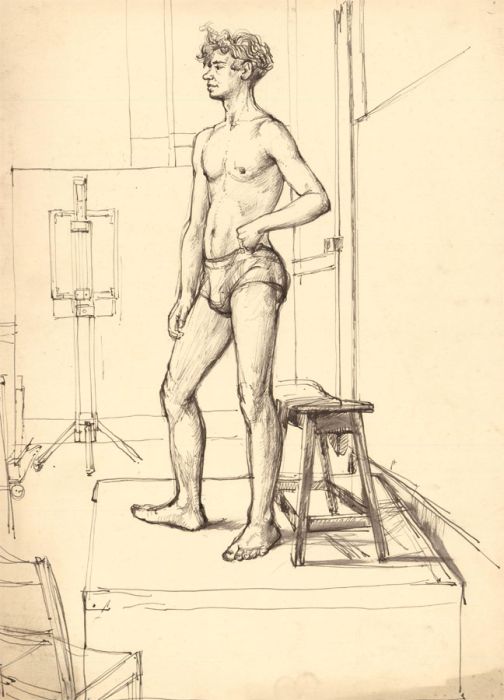 Peter Collins ARCA - c.1970s Pen and Ink Drawing, Male Nude, The Artist's Studio
