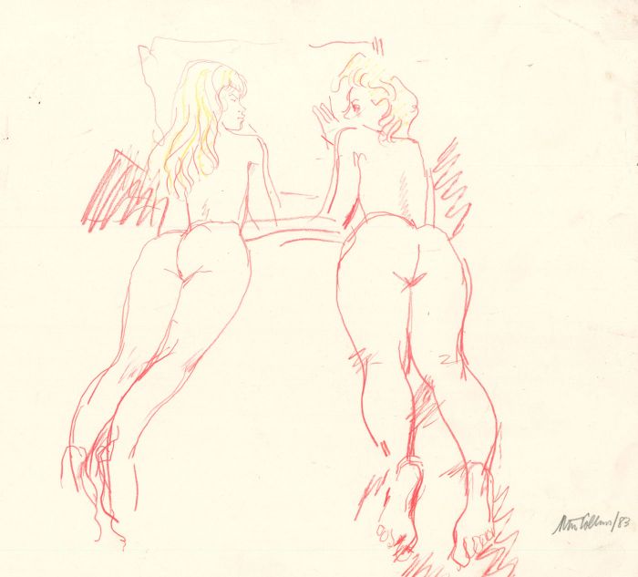 Peter Collins ARCA - Signed 1983 Coloured Pencil, Two Nudes in Bed