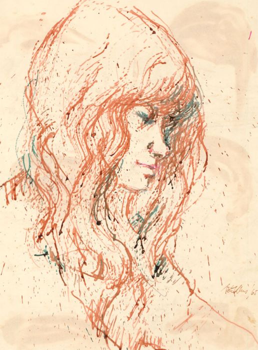 Peter Collins ARCA - Signed 1965 India Ink, Portrait of a Long Haired Woman