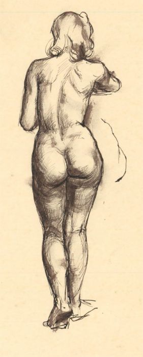Peter Collins ARCA - c.1970s Pen and Ink Drawing, Standing Female Nude