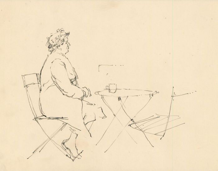 Peter Collins ARCA - c.1970s Pen and Ink Drawing, Woman at an Outdoor Cafe