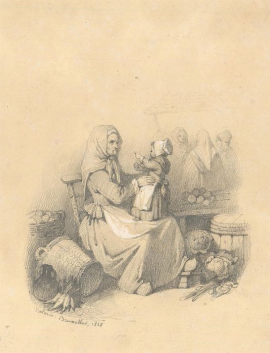 Attributed Theodore Valerio (1819-1879) - 1838 Graphite Drawing, Woman and Child