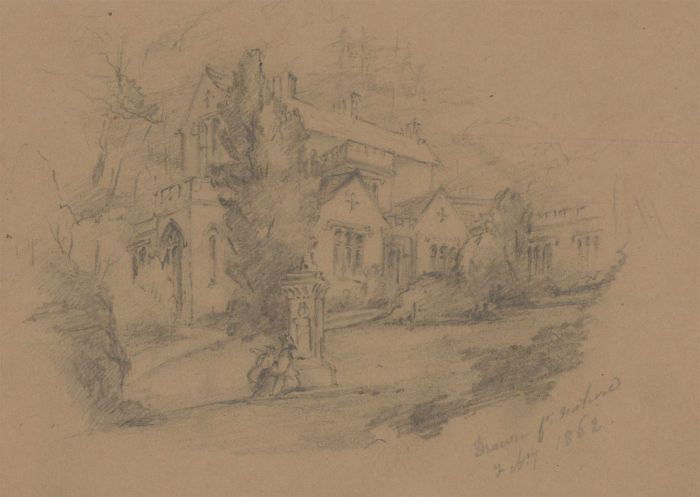 Margaret (Daisy) George - 1862 Graphite Drawing, House with Figures by a Sundial