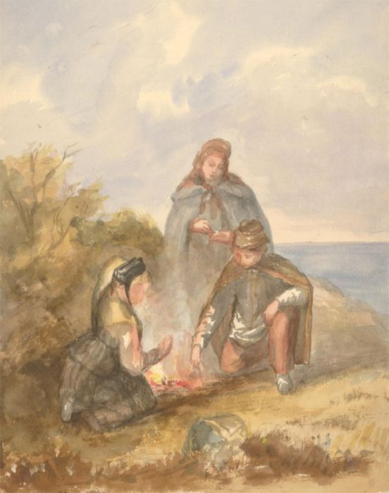 Margaret (Daisy) George- Mid 19th Century Watercolour, Figures Around a Campfire