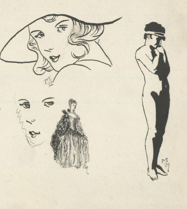 R.T. - Miniature 1929 India Ink, Silhouette of a Lady