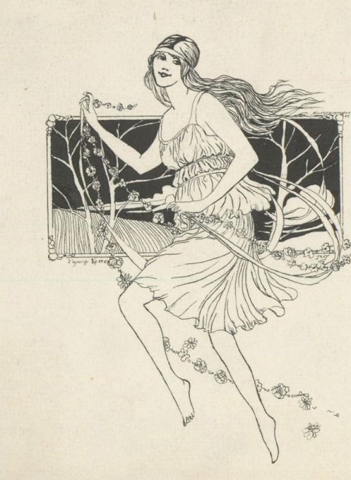 R.T. - Miniature 1919 India Ink, Art Nouveau Illustration of a Woman
