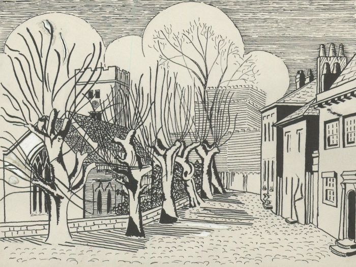 Mid 20th Century Pen and Ink Drawing - Graphic Rural Street Scene