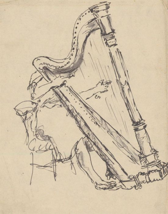 Mid 20th Century India Ink - Musician Playing the Harp