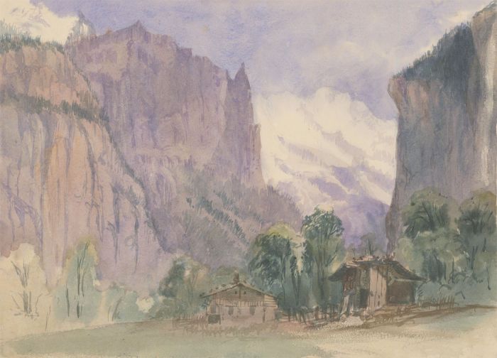 Signed 1870 Watercolour, Landscape of Lauterbrunnen, Switzerland