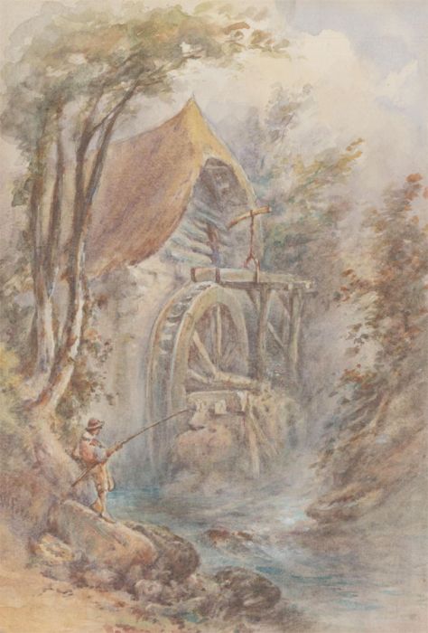 J. W. Forbes - 19th Century Watercolour, Angler and Water Mill on a River