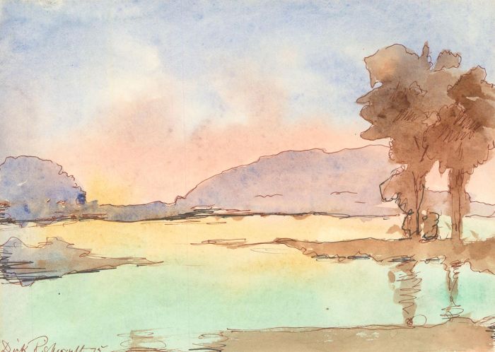 Dick Rishworth - Signed c. 1975 India Ink, Coastal Landscape at Dusk