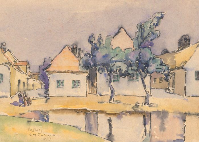 1937 Watercolour - Continental Street Scene on a River