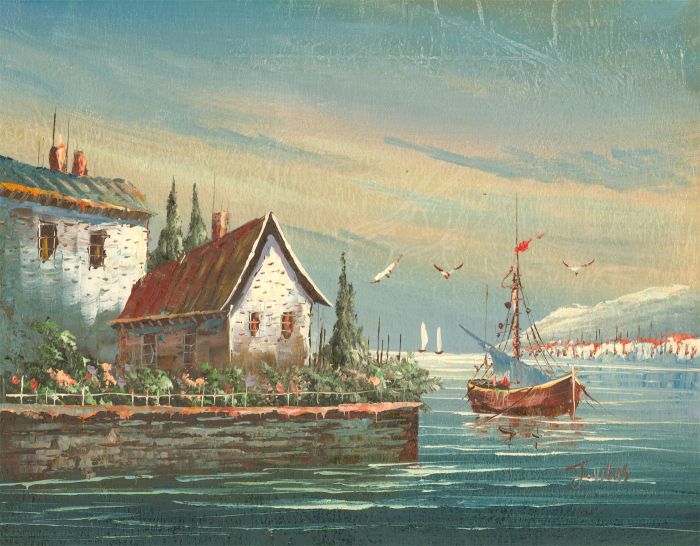 J. Vilas - Signed Contemporary Oil, Alpine Harbour Landscape
