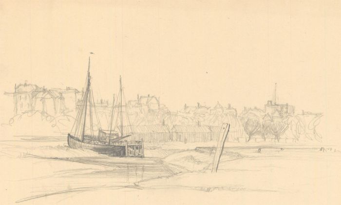 F.L Wilder - c. 1941 Graphite Drawing, Estuary Landscape with Fishing Boat