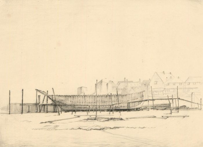 F.L Wilder - c. 1941 Etching, Hull of a Ship on a Beach